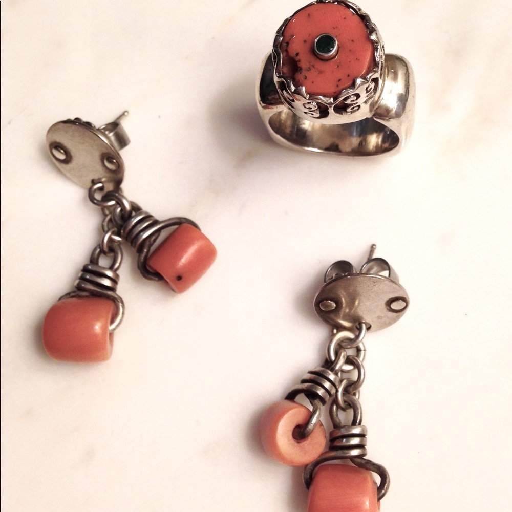 Coral, emerald, sterling women’s ring, size 6.5